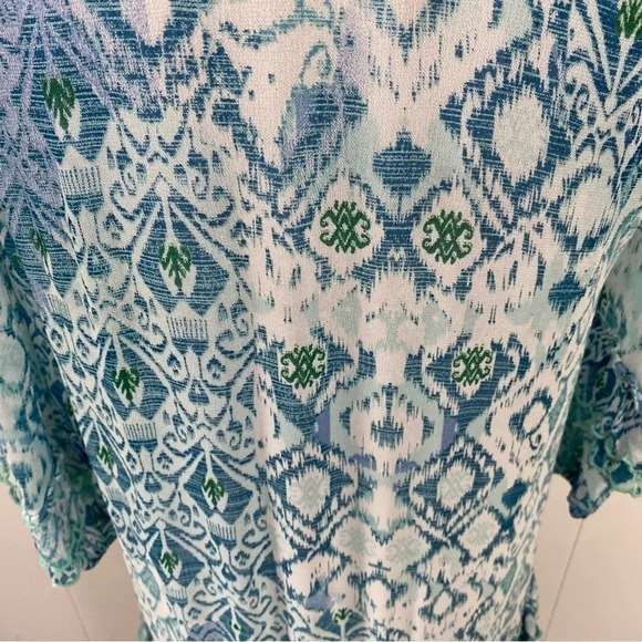 Miss June Paris Blue Green White Ikat Print Long Sleeve Embroidered Ruffle Dress - Picture 14 of 16